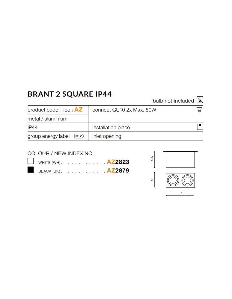 Hermetic ceiling luminaires - Azzardo BRANT 2 SQUARE IP44 BLACK 2xGU10 Surface Mounted Black IP44 AZ2879 - product kolory-swiatla.pl 2