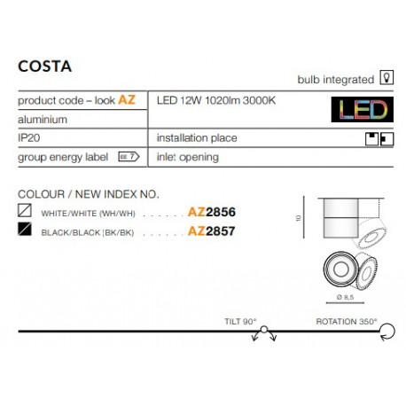 Azzardo COSTA WHITE 1xLED Reflektor Sufitowy Biały AZ2856