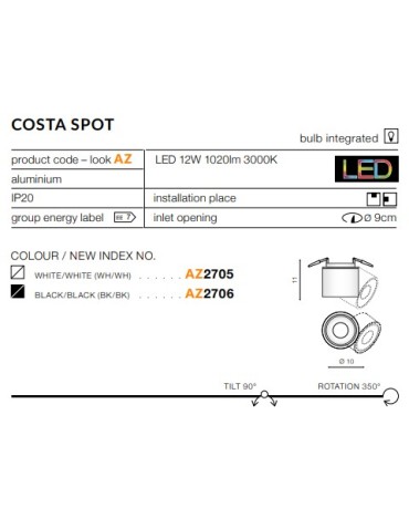 Azzardo COSTA SPOT WHITE 1xLED Reflektor Sufitowy Biały AZ2705 - produkt 2
