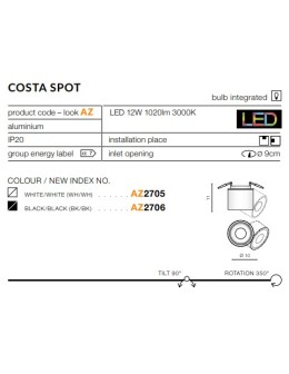 Azzardo COSTA SPOT WHITE 1xLED Reflektor Sufitowy Biały AZ2705 - produkt 2