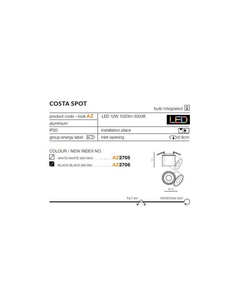 Recessed ceiling spotlights - Azzardo COSTA SPOT BLACK 1xLED Ceiling Spotlight Black AZ2706 - product kolory-swiatla.pl 3