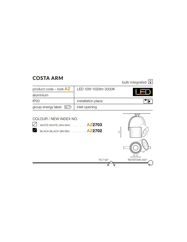 Spotlight ceiling lamps - Azzardo COSTA ARM WHITE 1xLED Ceiling Spotlight White AZ2703 - product kolory-swiatla.pl 2