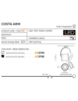 Azzardo COSTA ARM WHITE 1xLED Ceiling Spotlight White AZ2703 - product 2