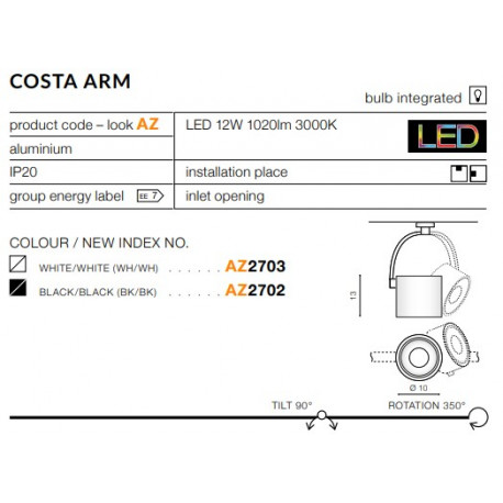 Azzardo COSTA ARM BLACK 1xLED Reflektor Sufitowy Czarny AZ2702