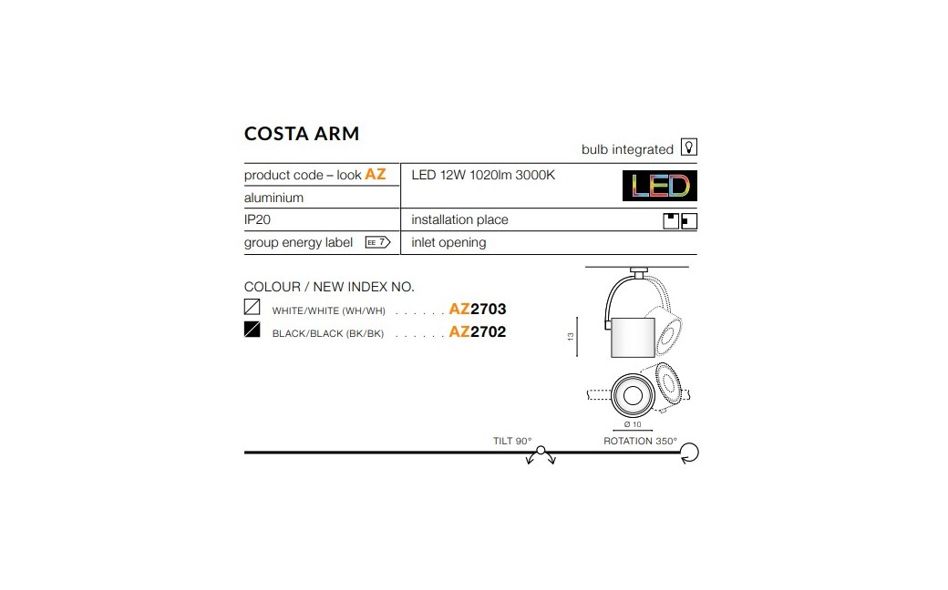 Azzardo COSTA ARM BLACK 1xLED Reflektor Sufitowy Czarny AZ2702