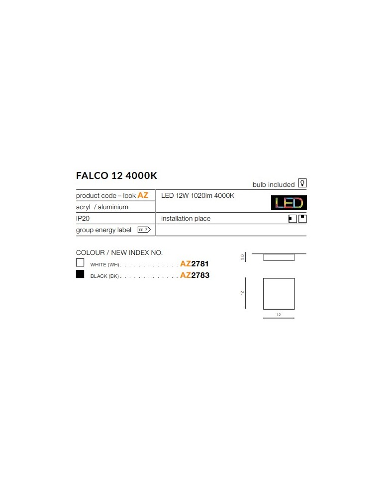 Square plafonds - Azzardo FALCO 12 4000K WHITE 1xLED Ceiling Light White AZ2781 - product kolory-swiatla.pl 2