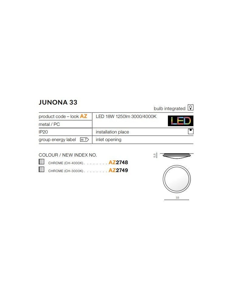 Round Plafonds - Azzardo JUNONA 33 3000K CHROME 1xLED Chrome Ceiling Light AZ2749 - product kolory-swiatla.pl 3