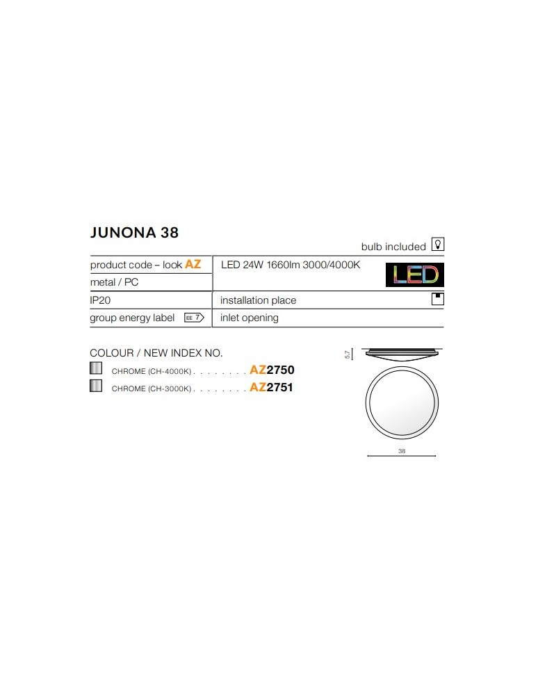 Round Plafonds - Azzardo JUNONA 38 4000K CHROME 1xLED Chrome Ceiling Light AZ2750 - product kolory-swiatla.pl 3