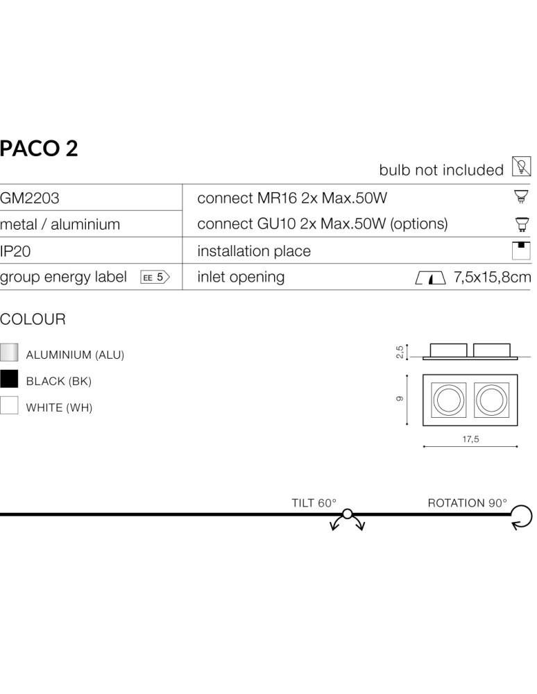 Square flush-mounted lamps - Azzardo PACO 2 WHITE 2xGU10 Recessed White AZ0799 - product kolory-swiatla.pl 3