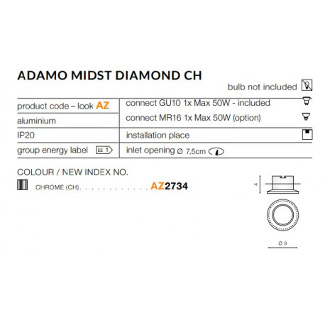Azzardo ADAMO MIDST DIAMOND CH 1xGU10 Wpuszczana Chrom AZ2734