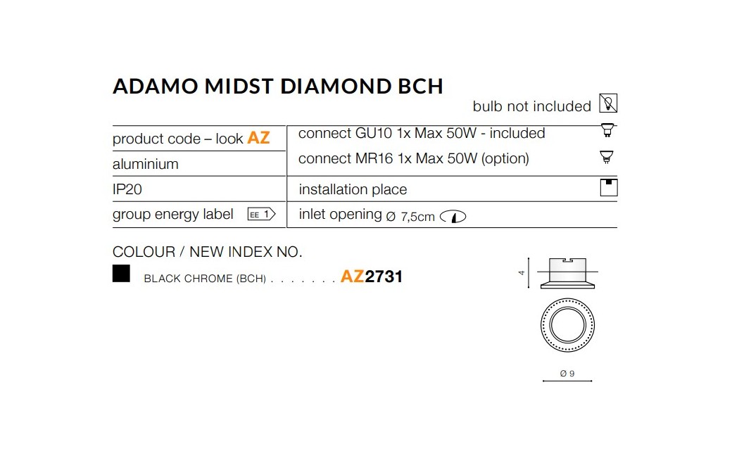Azzardo ADAMO MIDST DIAMOND BLACK 1xGU10 Wpuszczana Czarny/Chrom AZ2731