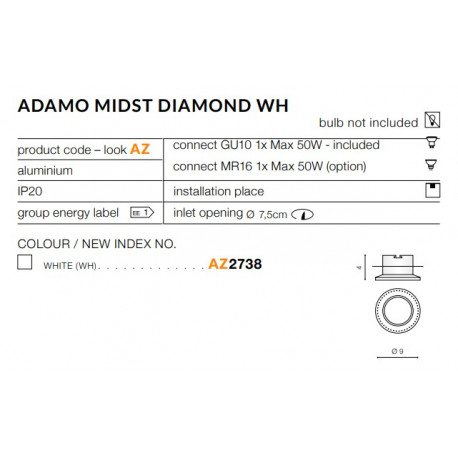 Azzardo ADAMO MIDST DIAMOND WHITE 1xGU10 Wpuszczana Biały AZ2738