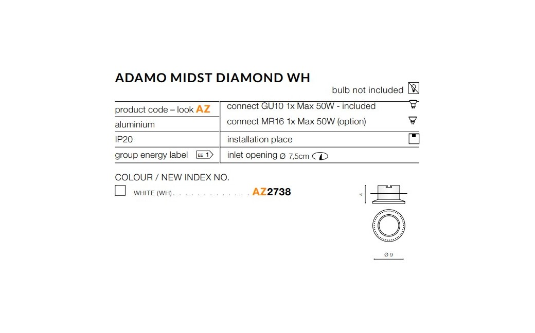 Azzardo ADAMO MIDST DIAMOND WHITE 1xGU10 Wpuszczana Biały AZ2738