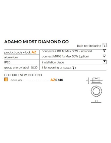 Azzardo ADAMO MIDST DIAMOND GO 1xGU10 Recessed Gold AZ2740 - product 2