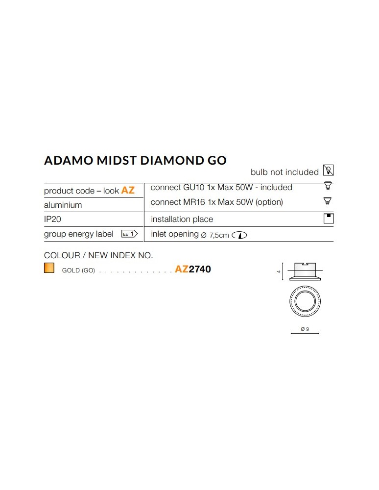 Decorative flush-mounted lamps - Azzardo ADAMO MIDST DIAMOND GO 1xGU10 Recessed Gold AZ2740 - product kolory-swiatla.pl 2
