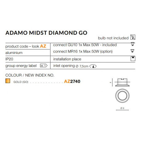 Azzardo ADAMO MIDST DIAMOND GO 1xGU10 Wpuszczana Złoty AZ2740