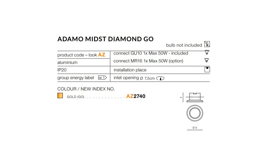 Azzardo ADAMO MIDST DIAMOND GO 1xGU10 Wpuszczana Złoty AZ2740