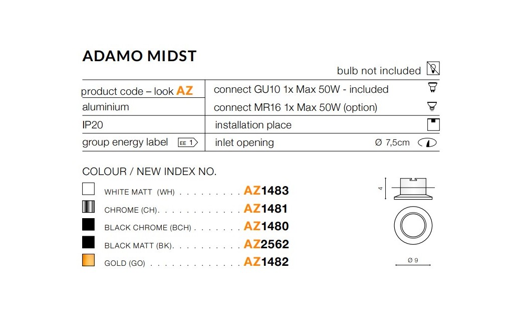 Azzardo ADAMO MIDST MATT BLACK 1xGU10 Wpuszczana Czarny Mat AZ2562