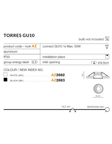 Azzardo TORRES GU10 WHITE 1xGU10 Recessed White AZ2682 - product 2
