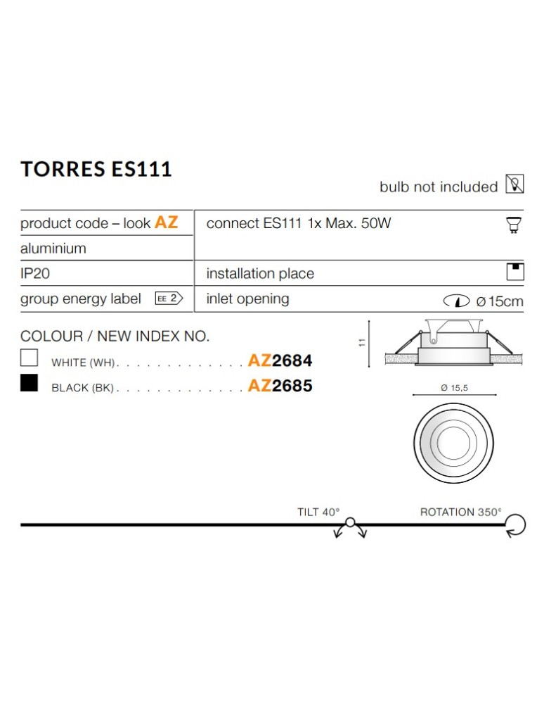 Flush-mounted directional lights - Azzardo TORRES ES111 BLACK 1xES111 Recessed Black AZ2685 - product kolory-swiatla.pl 3
