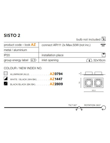 Azzardo SISTO 2 BLACK/BLACK 2xES111 Wpuszczana Czarny AZ2809 - produkt 2