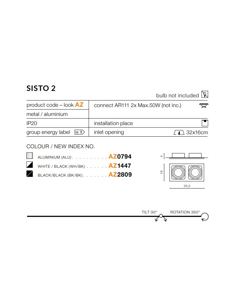 Flush-mounted directional lights - Azzardo SISTO 2 BLACK/BLACK 2xES111 Recessed Black AZ2809 - product kolory-swiatla.pl 2