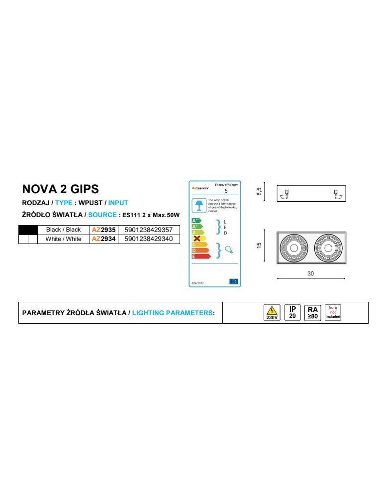 Product categories - Azzardo NOVA 2 GIPS WHITE/WHITE 2xES111 Recessed White AZ2934 - product kolory-swiatla.pl 2