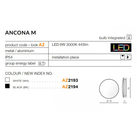Azzardo ANCONA M BLACK 1xLED Ścienna Czarny IP54 AZ2194