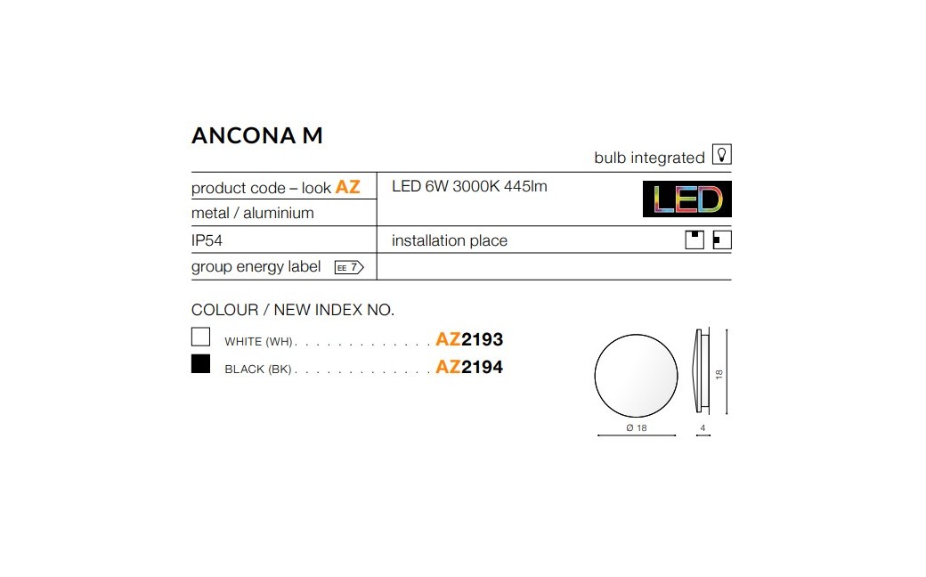 Azzardo ANCONA M BLACK 1xLED Ścienna Czarny IP54 AZ2194