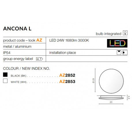 Azzardo ANCONA L BLACK 1xLED Ścienna Czarny IP54 AZ2852