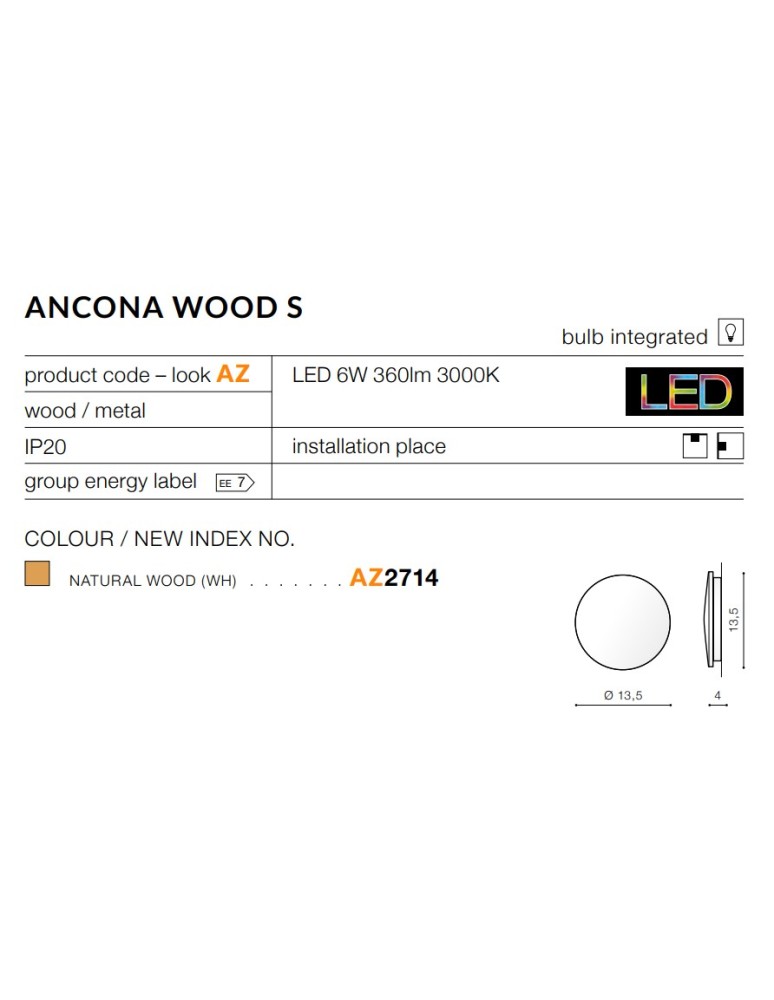 Wall lamps - Azzardo ANCONA WOOD S 1xLED Wall Mounted Wood AZ2714 - product kolory-swiatla.pl 2