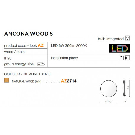 Azzardo ANCONA WOOD S 1xLED Ścienna Drewno AZ2714