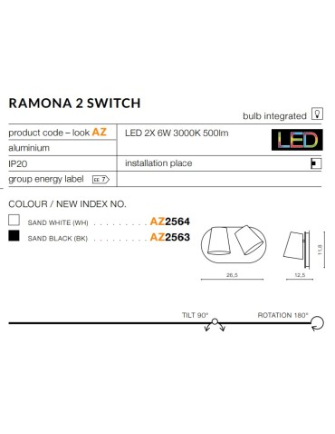Azzardo RAMONA 2 SWITCH BLACK 2xLED Wall Mounted Black AZ2563 - product 2