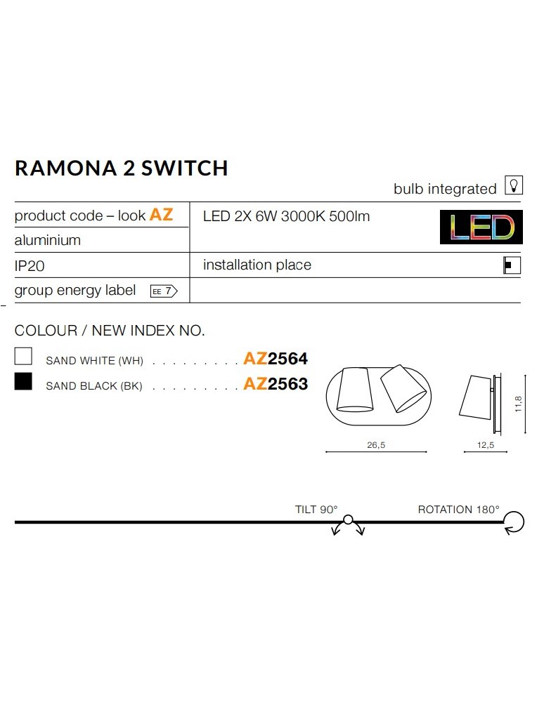 Wall lamps - Azzardo RAMONA 2 SWITCH BLACK 2xLED Wall Mounted Black AZ2563 - product kolory-swiatla.pl 2