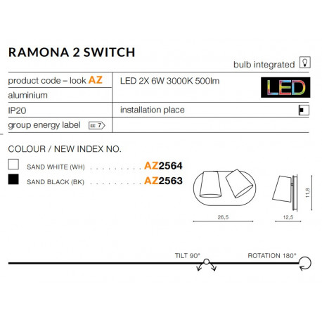 Azzardo RAMONA 2 SWITCH BLACK 2xLED Ścienna Czarny AZ2563
