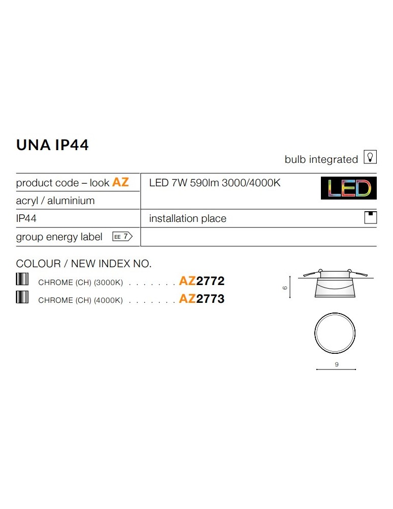 Flush-mounted hermetic lamps - Azzardo UNA 4000K CHROME 1xLED Ceiling Translucent IP44 AZ2773 - product kolory-swiatla.pl 4