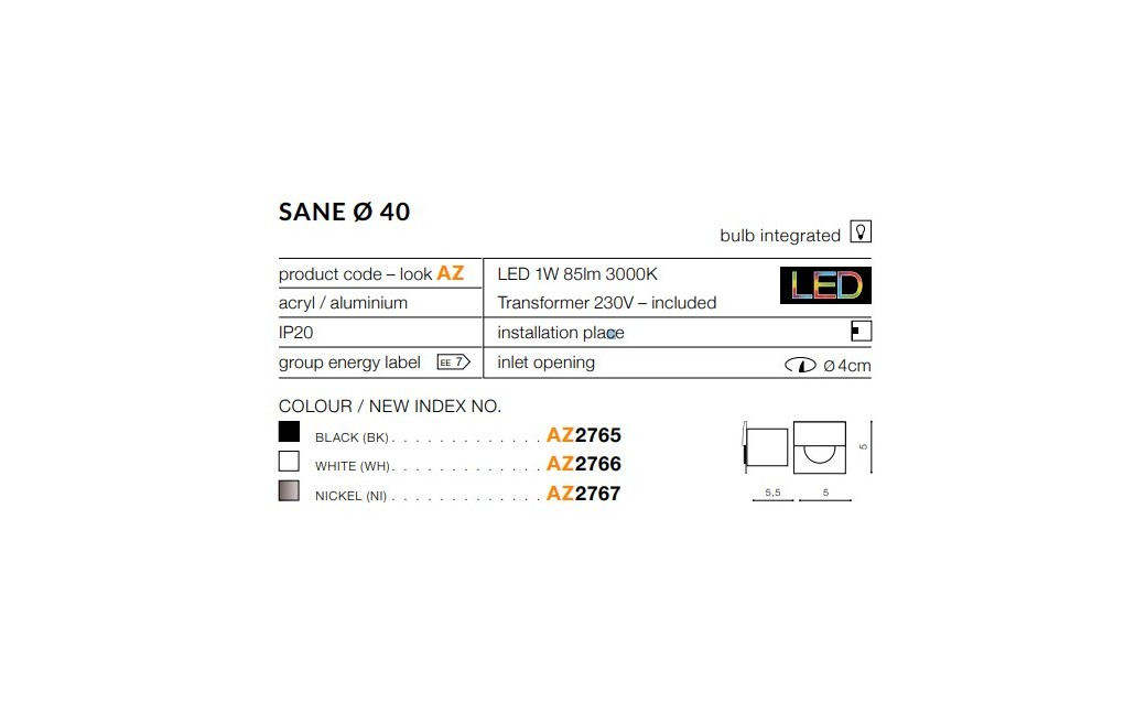 Azzardo SANE 40 WHITE 1xLED Wpuszczana w Ścianę/Schodowa Biały AZ2766