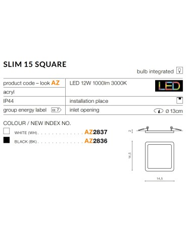 Azzardo SLIM 15 SQUARE 3000K IP44 BLACK 1xLED Recessed Black IP44 AZ2836 - product 2