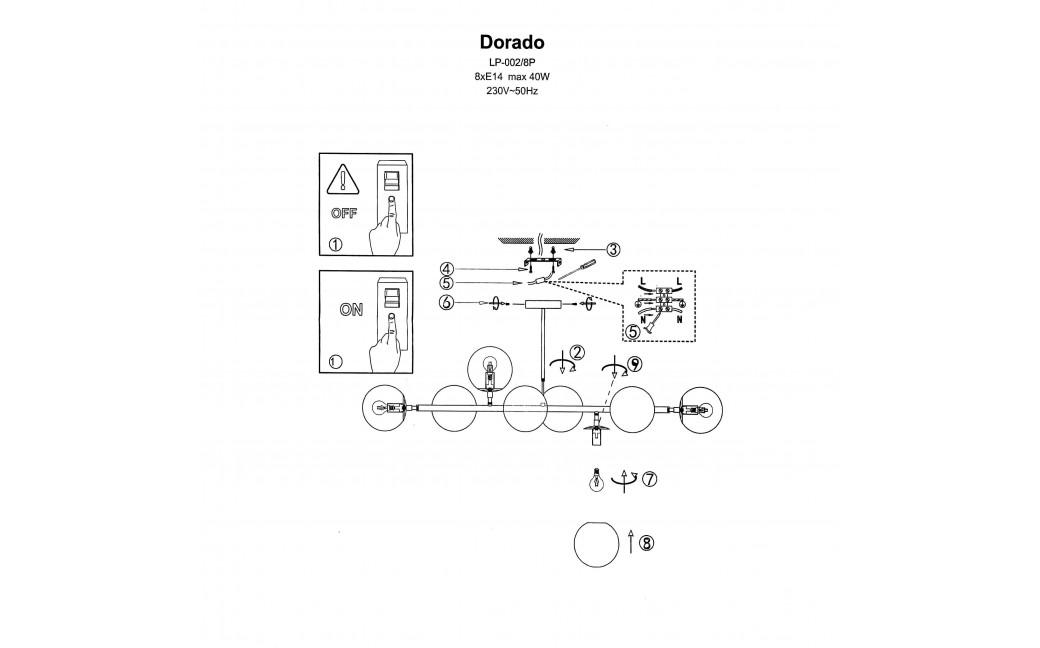 Light Prestige Dorado 8 lampa wisząca czarna LP-002/8P BK 8xE14 czarny/biały