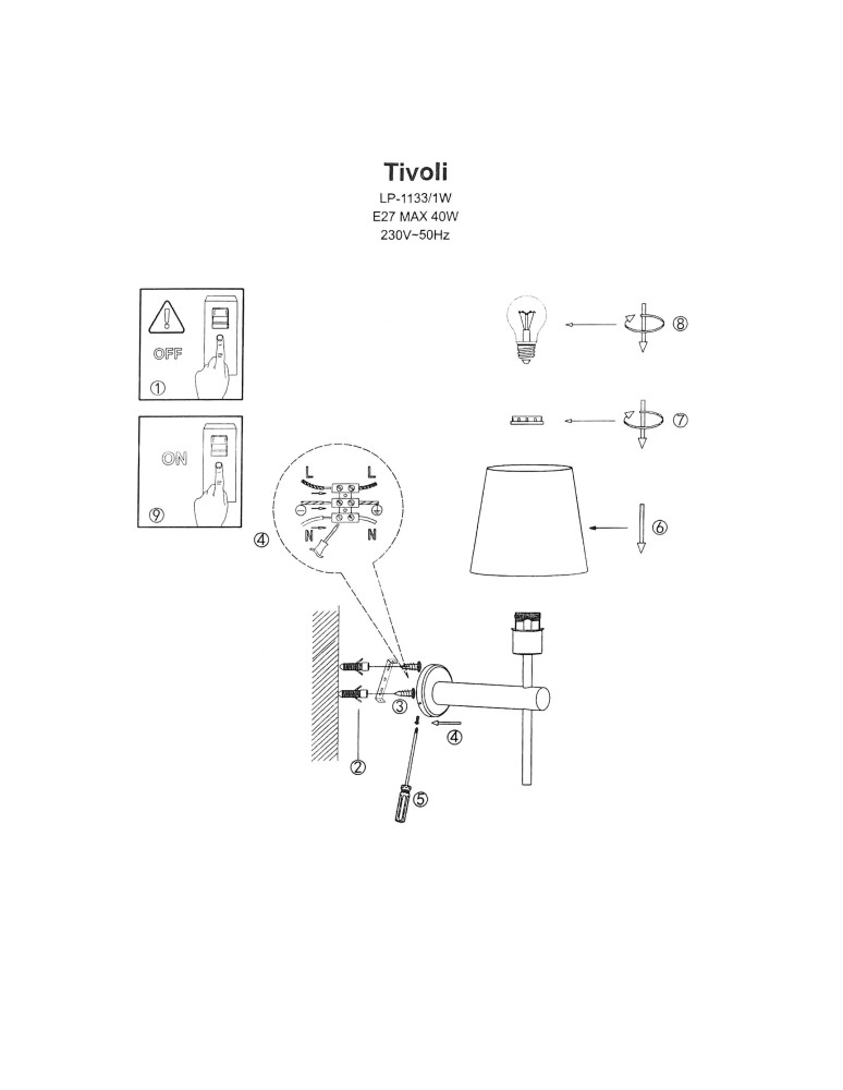 Wall lamps with lampshade - Light Prestige Tivoli wall lamp black E27 black / white LP-1133/1W BK - product kolory-swiatla.pl 11