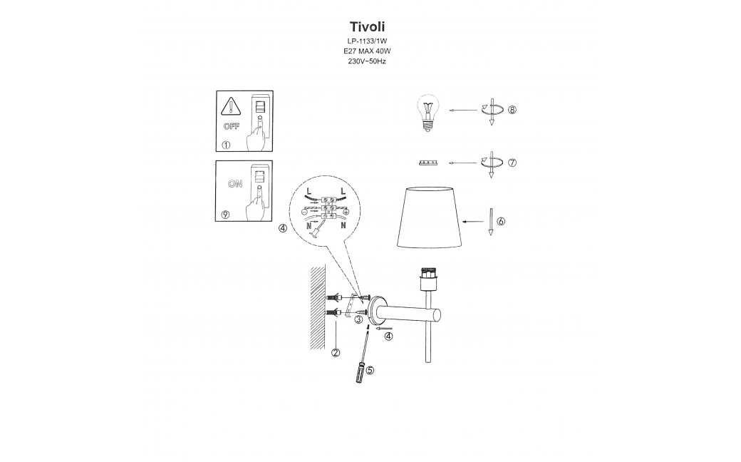 Light Prestige Tivoli kinkiet czarny E27 czarny / biały LP-1133/1W BK