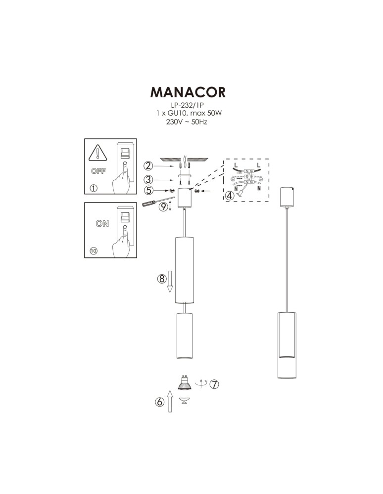 Light Prestige Manacor Lampa wisząca GU10 1x50W czarny/transparentny LP-232/1P BK