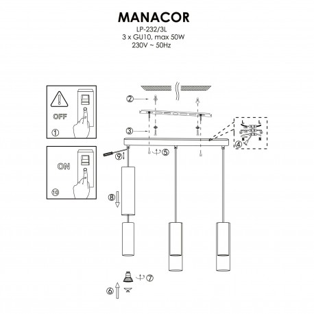 Light Prestige Manacor Lampa wisząca GU10 3x50W biały/transparentny LP-232/3L WH