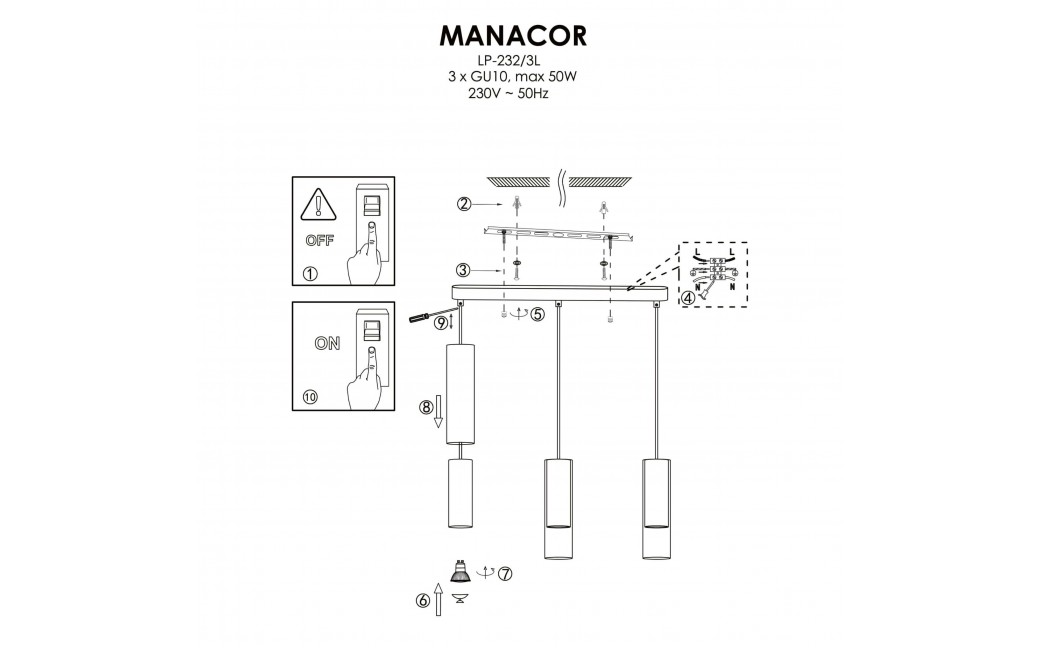 Light Prestige Manacor Lampa wisząca GU10 3x50W biały/transparentny LP-232/3L WH