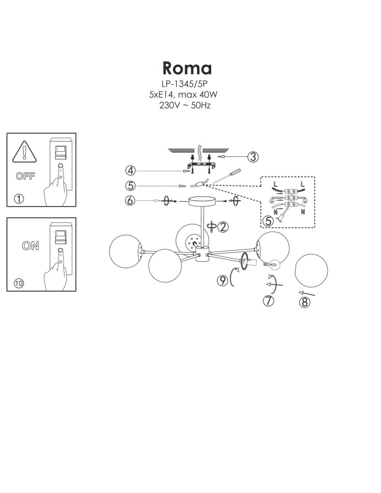 Ceiling lamps - Light Prestige Roma Pendant Lamp E14 5x40W black/white LP-1345/5P BK - product kolory-swiatla.pl 4