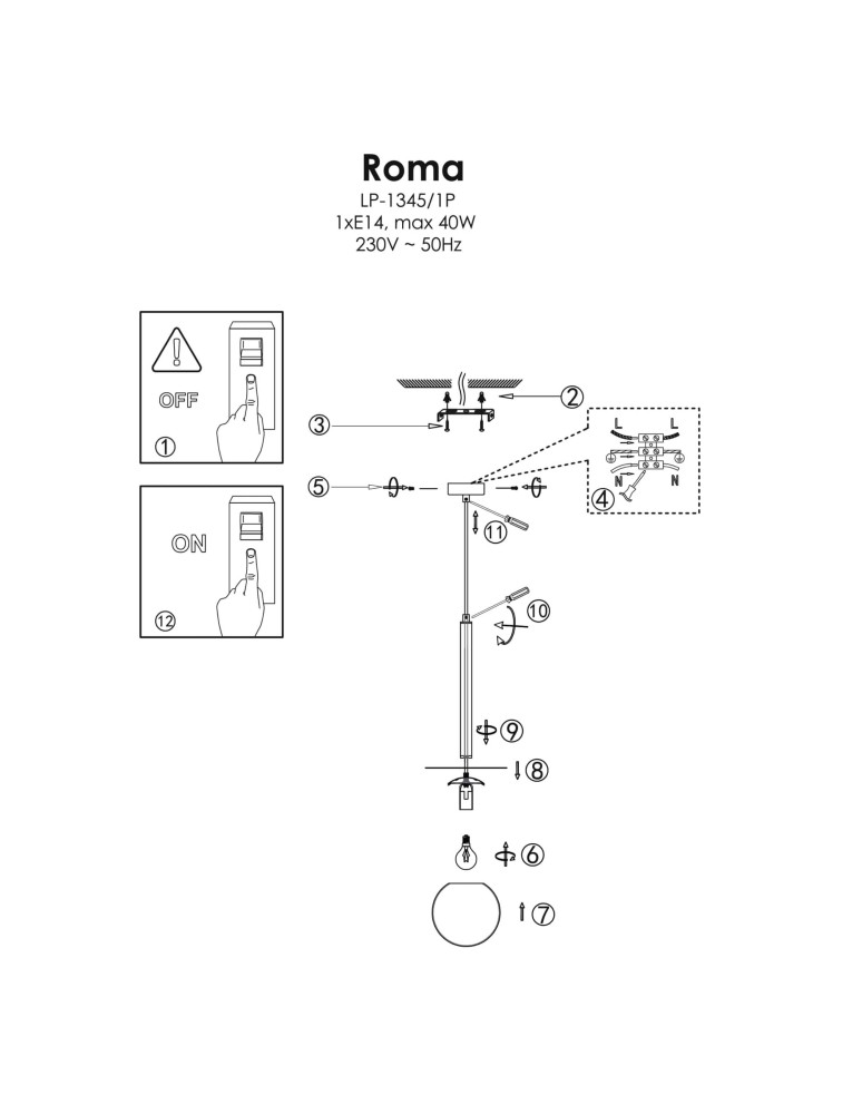 Light Prestige Roma Lampa wisząca E14 1x40W czarny/biały LP-1345/1P BK Light Prestige Roma Lampa wisząca E14 1x40W czarny/biały LP-1345/1P BK