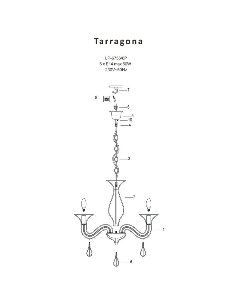 Chandelier chandeliers - Light Prestige Tarragona 6 pendant E14 black LP-6756/6P - product kolory-swiatla.pl 6