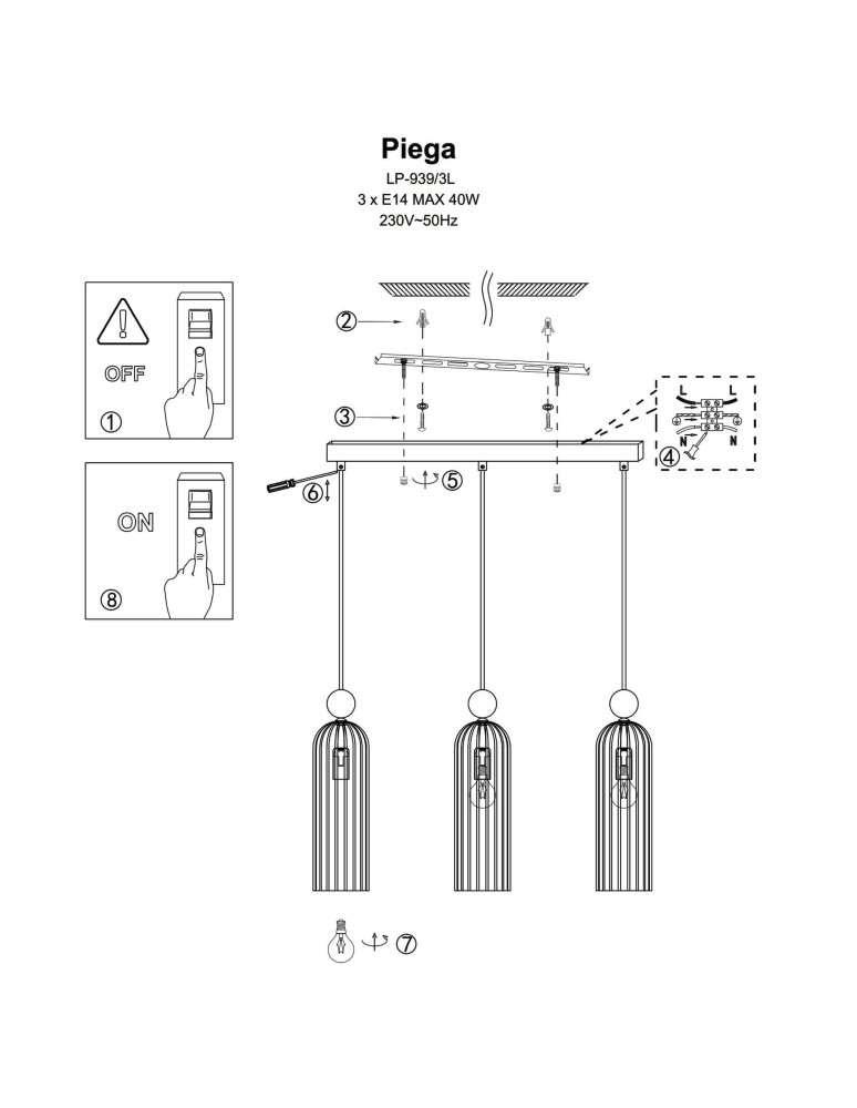Pendant lamps on a strip - Light Prestige Piega pendant lamp E14 3x40W white/gold LP-939/3L white - product kolory-swiatla.pl 4