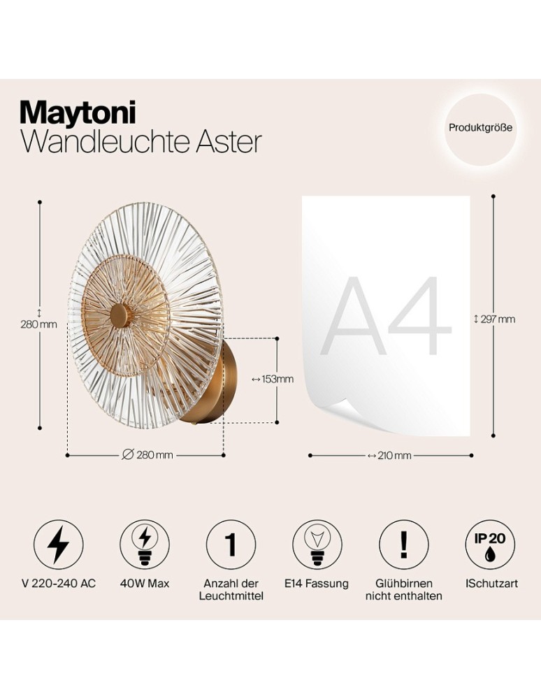 Designer wall lamps - Maytoni Aster Wall Mounted E14 1x40W Gold MOD007WL-01G - product kolory-swiatla.pl 6