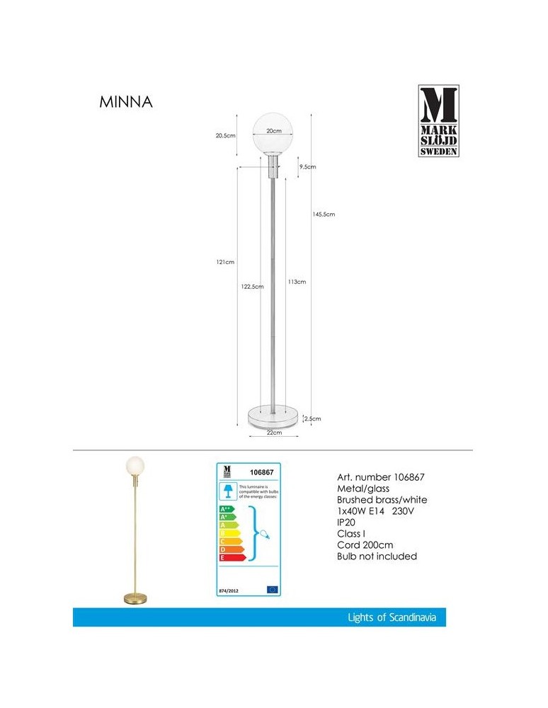 Floor lamps - Markslojd MINNA Floor 1L Brushed Brass/White 106867 - product kolory-swiatla.pl 3